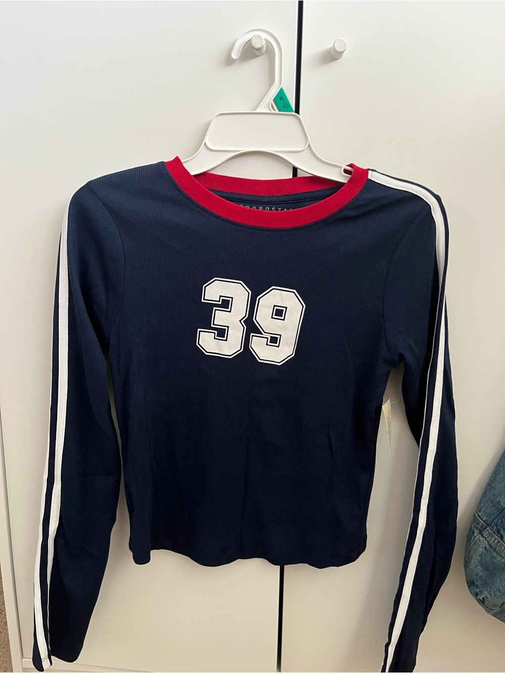 Aeropostale Navy Long-Sleeve Athletic Tee with Red Collar and White Stripe